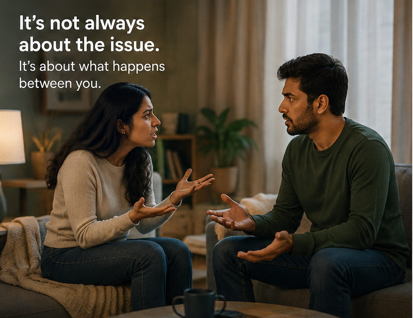 Couple experiencing a repeating relationship conflict in a fictional counselling scenario