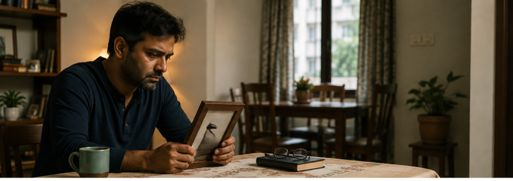Man reflecting on the loss of a loved one at home